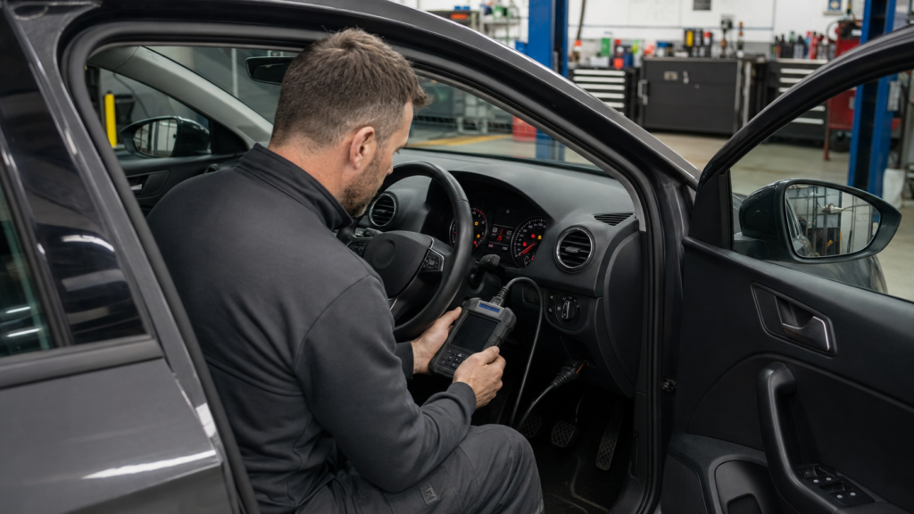 Mechanic diagnosing dashboard warning lights at an Amersham garage
